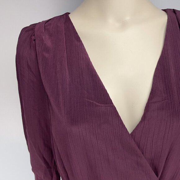 CAMAIEU French Satin Ruched Gatered Waist Long sleeves Eggplant Mini Dress sz 36 - Picture 3 of 7